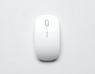 A sleek, white computer mouse, viewed from above, resting on a plain white background