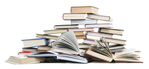 Group of different stacked books isolated on white