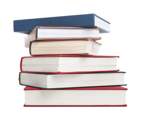 Stack of many books isolated on white