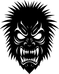 Fototapeta premium Fierce tribal mask with sharp teeth and spiky hair silhouette isolated on white background 