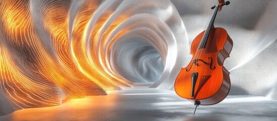 Fototapeta premium Classical Cello in Luminous Abstract Tunnel with Dynamic Orange and White Particle Waves