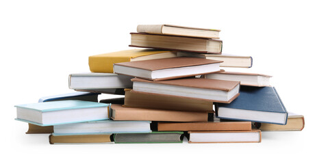Group of different stacked books isolated on white