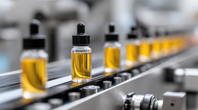 Stunning photo of production line with bottles filled with liquid on a conveyor belt.