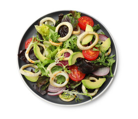 Delicious salad with squid rings, avocado and vegetables isolated on white, top view