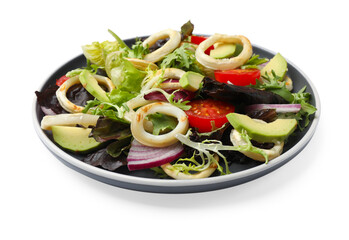 Delicious salad with squid rings, avocado and vegetables isolated on white