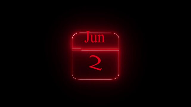 Glowing neon  2 JUNE DAY icon red color  isolated on black background neon sign with a calendar that says "2 DAYS". HD Video motion graphic animation