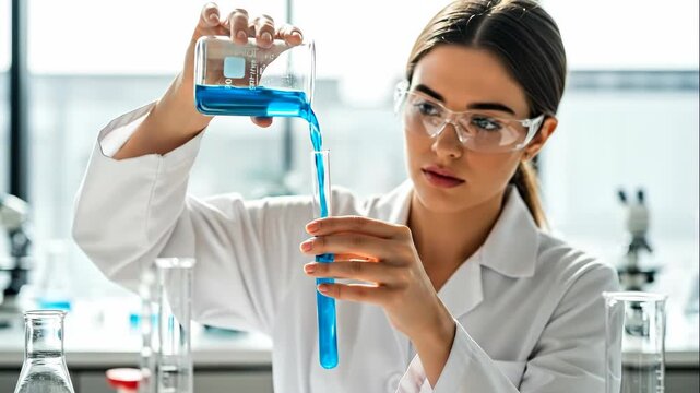 Woman scientist carefully pouring blue chemical liquid from beaker into test tube for laboratory experiment footage - Powered by Adobe