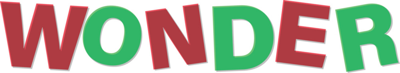 Red green bold letters spell out W O N D E R with shadow Text Design wonder word