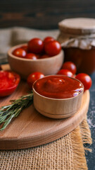 Fresh tomato sauce with cherry tomatoes and rosemary on a wooden board.
