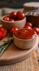 Tomato sauce in a wooden bowl with fresh tomatoes and rosemary.