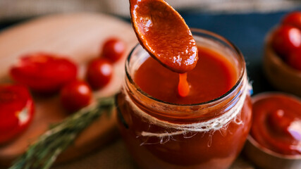 Homemade tomato sauce dripping from a wooden spoon into a jar.
