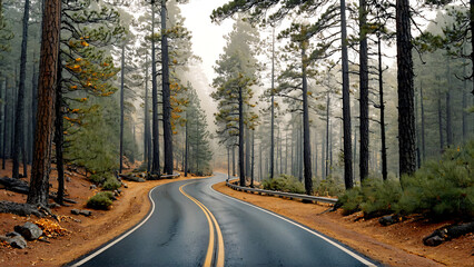 Fototapeta premium Drive into the serene beauty of a misty pine forest with a winding road, perfect for travel ads, nature blogs, or showcasing peaceful landscapes