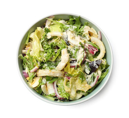 Tasty salad with squid rings, onion and eggs isolated on white, top view