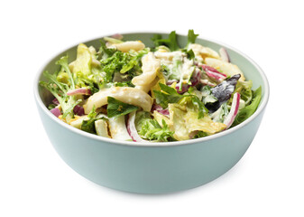 Tasty salad with squid rings, onion and eggs isolated on white