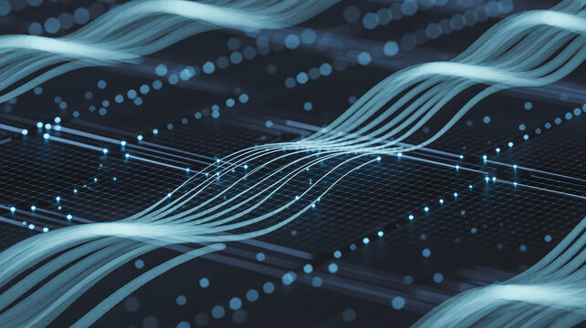 Abstract Data Stream Visualization with Glowing Lines and Nodes Representing Information Flow in Technology - Powered by Adobe