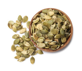 Pumpkin seeds in bowl isolated on white, top view