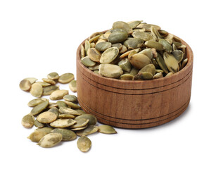 Pumpkin seeds in bowl isolated on white