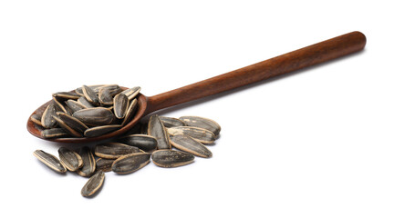 Sunflower seeds in spoon isolated on white