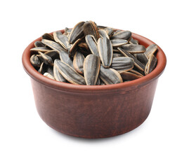 Sunflower seeds in bowl isolated on white