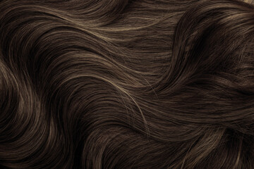 Fototapeta premium Brown hair close-up as a background. Women's long brown hair. Beautifully styled wavy shiny curls. Hair coloring. Hairdressing procedures, extension.