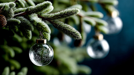 A transparent glass Christmas bauble with an etched pattern hangs on a frosted fir branch against a blurred blue background.