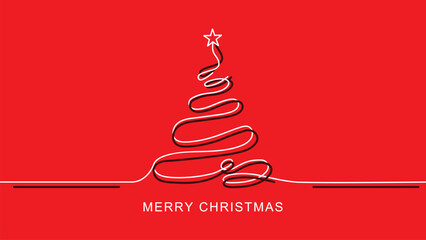 Continuous one line art christmas tree with star on red background, merry christmas card.