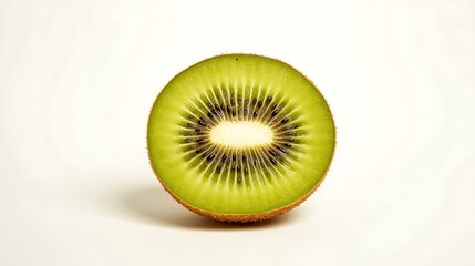 A perfectly sliced kiwi fruit reveals its vivid green interior, rich with tiny black seeds, offering a fresh and healthy tropical delight on a clean white background