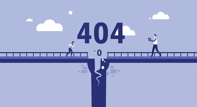 404 error page illustration with people and a broken bridge.