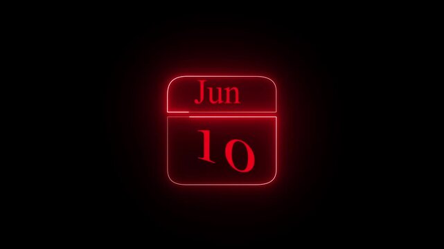 Glowing neon  10 JUNE DAY icon red color  isolated on black background neon sign with a calendar that says "10 DAYS". HD Video motion graphic animation