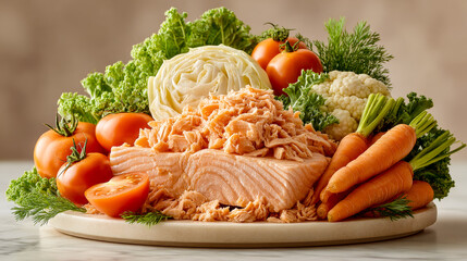 A healthy composition of steamed fish with fresh organic produce like kale, cauliflower, and dill for a balanced diet meal preparation.