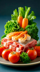 A salmon fillet with fresh shrimp on top, surrounded by carrots, lettuce, and tomatoes on a plate for a surf and turf concept.
