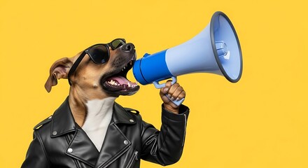Dog Wearing Sunglasses and Leather Jacket Using Megaphone Against Yellow Background