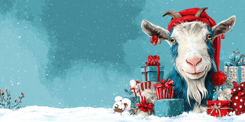 Cartoon goat in red Santa hat surrounded by wrapped Christmas presents in snowy winter scene with festive background and copy space