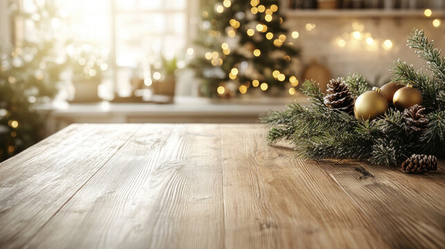 Christmas product display template featuring an empty wooden table decorated with pine cones and golden ornaments, set against a blurred, festive kitchen backdrop. Ready for product montage. Mock up