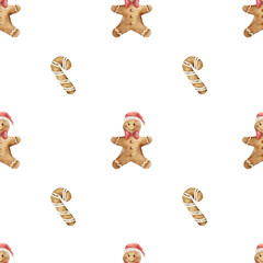 Festive gingerbread pattern with candy canes on white background for textile design