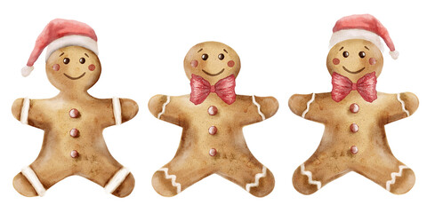 Gingerbread cookies wearing festive hats and bows for holiday celebrations