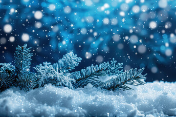 A serene winter scene featuring snowy branches, delicate snowflakes, and a soft blue background, evoking a festive atmosphere.