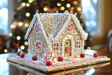 A beautifully crafted gingerbread house adorned with festive decorations, showcasing vibrant colors and a cozy holiday atmosphere.