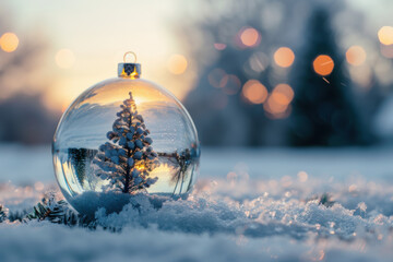 A serene winter scene featuring a miniature Christmas tree inside a glass globe, surrounded by falling snowflakes and sparkling lights.