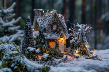 A charming winter cabin adorned with festive lights, surrounded by snow and evergreen trees, creating a magical holiday atmosphere.