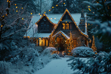 A charming winter cabin adorned with festive lights, surrounded by snow and evergreen trees, creating a magical holiday atmosphere.