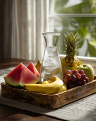 창가 자연광 속 여름 과일 정물