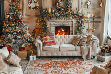 A cozy Christmas living room featuring a beautifully decorated tree, stockings, and a comfortable sofa adorned with festive accents.