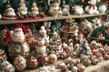A whimsical Christmas illustration featuring ornaments, a tree, Santa, and festive characters, celebrating the holiday spirit joyfully.