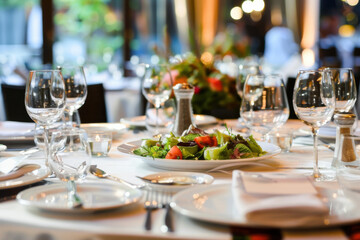 A beautifully set Christmas dining table adorned with elegant tableware, festive decorations, and red ornaments, creating a warm atmosphere.