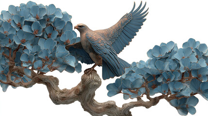 a majestic eagle sculpture with widespread wings perched atop a gnarled, ancient tree. The tree has unusual, grayish-blue foliage against a pure white background
