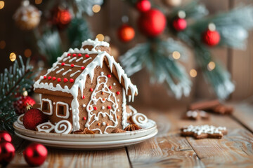 A beautifully crafted gingerbread house adorned with festive decorations, showcasing vibrant colors and a cozy holiday atmosphere.