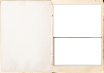 Fototapeta premium A vintage book pages with blank photo frames attached