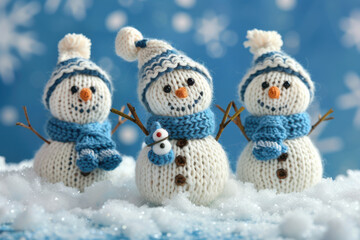 Three adorable knitted snowmen in blue scarves and hats stand amidst fluffy snow, creating a charming winter scene.