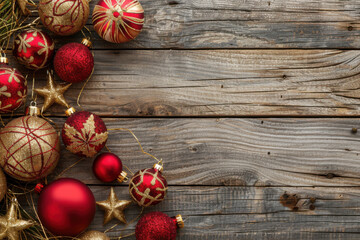 A festive arrangement of Christmas ornaments, stars, and pinecones on a rustic wooden surface, celebrating the holiday spirit.